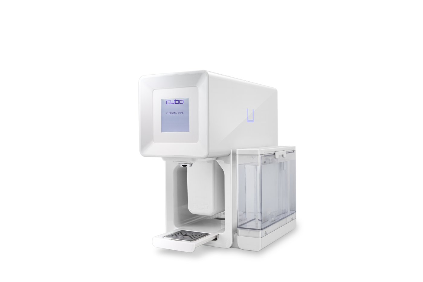 CUBO Smart Blender Machine, clear side view showing the water tank