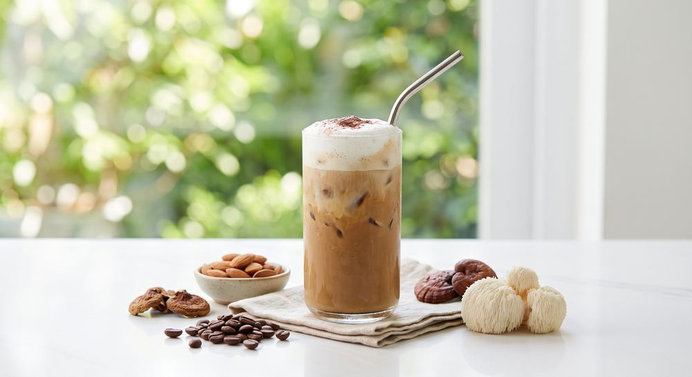 Mushroom Coffee Latte, hot and iced