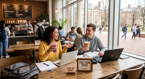 College students enjoying CUBO drinks while studying